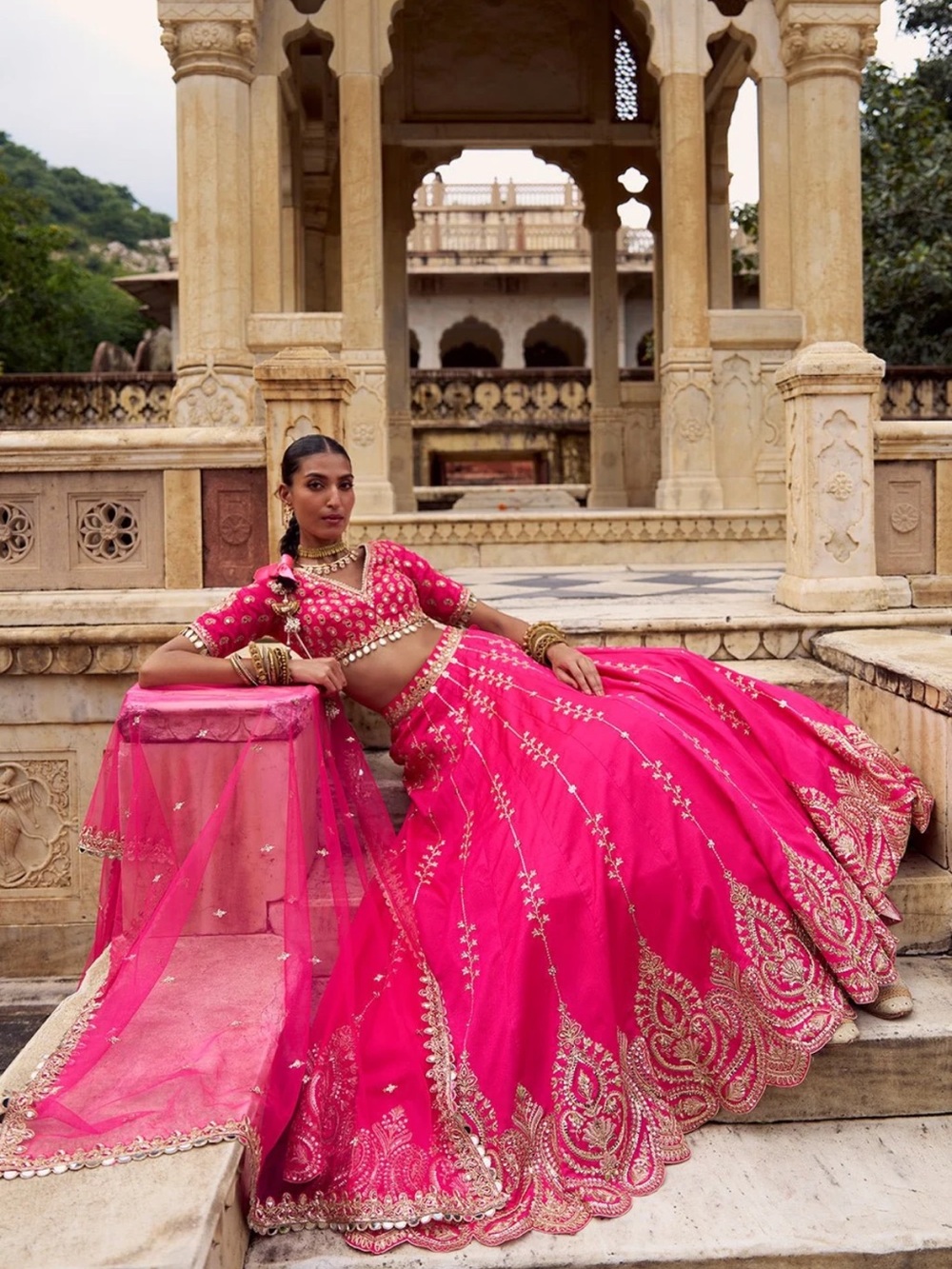 Fuchsia A-Line Embroidered Lehenga Skirt with Gold Detailing - Picture 3 of 16
